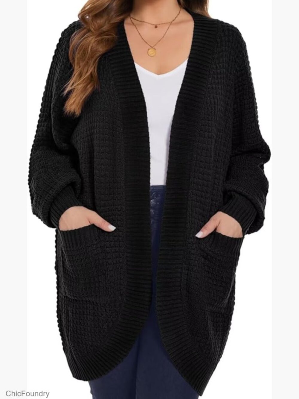 Plus Size Open Front Cardigan Waffle Knit Long Sleeve Sweater with Pockets